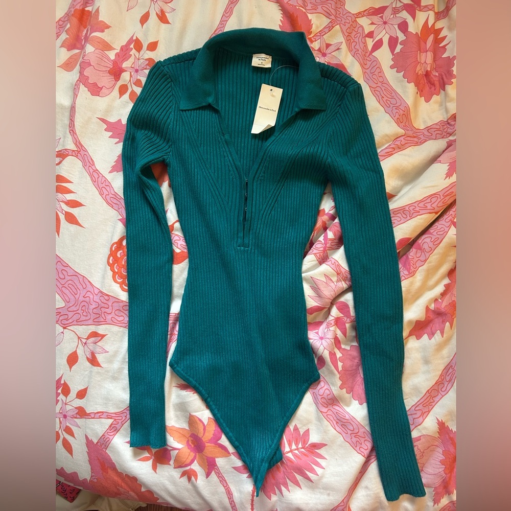 Abercrombie & Fitch Teal Ribbed Sweater Collared Corset Bodysuit